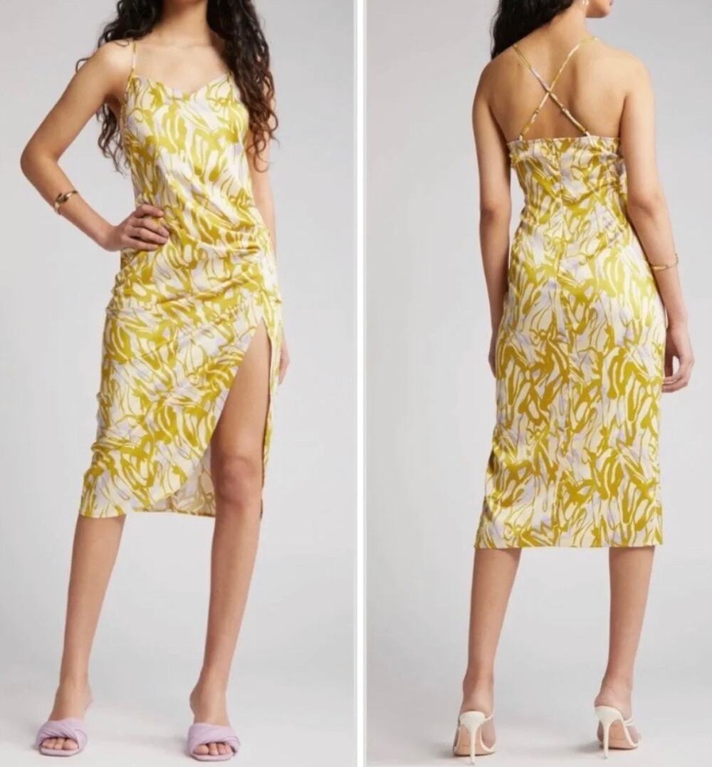 Open Edit Strappy Satin Midi Dress Midi Shirred Womens XL Sexy Bold Abstract